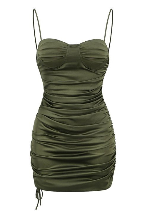 Spaghetti Straps Olive Green Ruched Short Dress