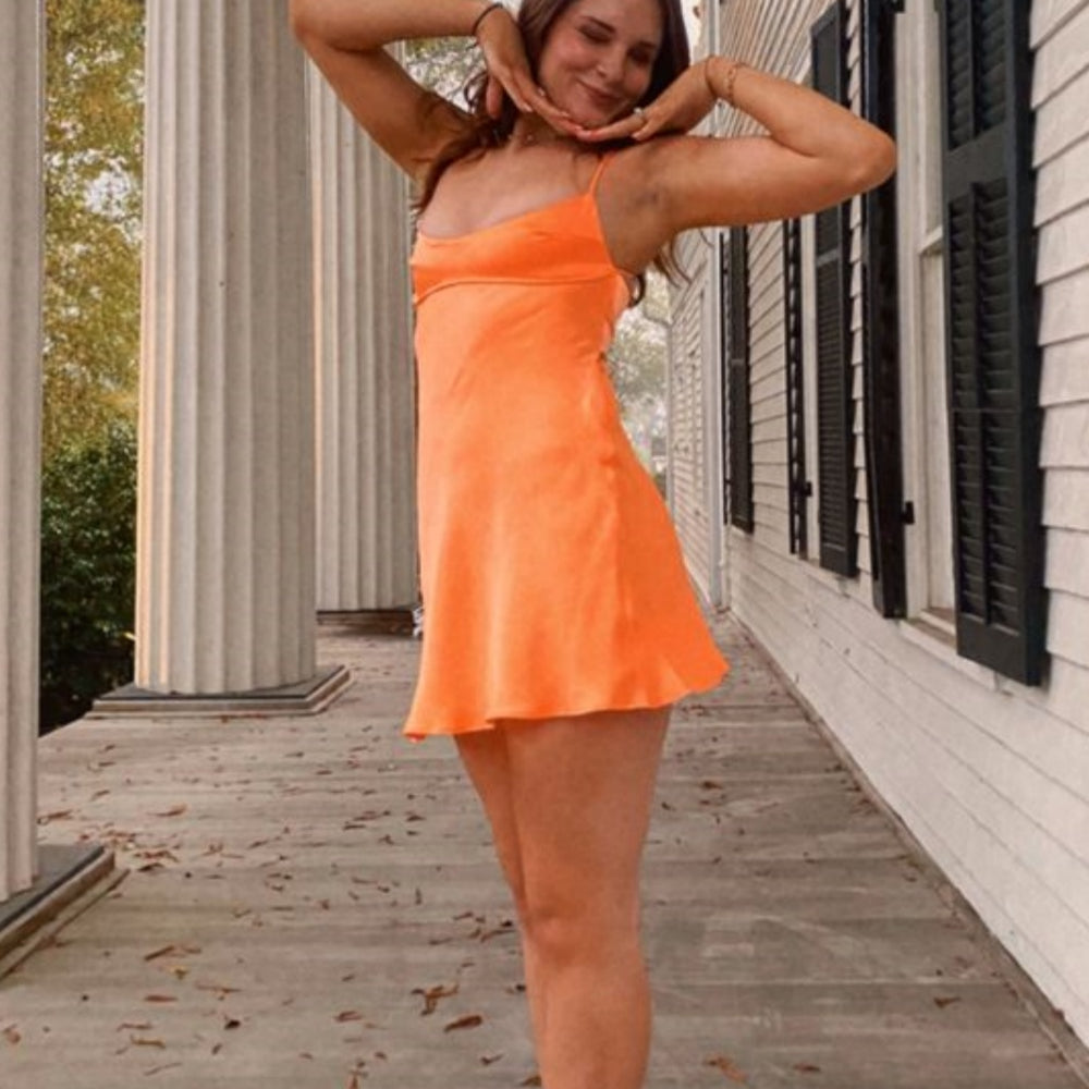 
                      
                        Spaghetti Straps Orange A-line Satin Short Dress
                      
                    