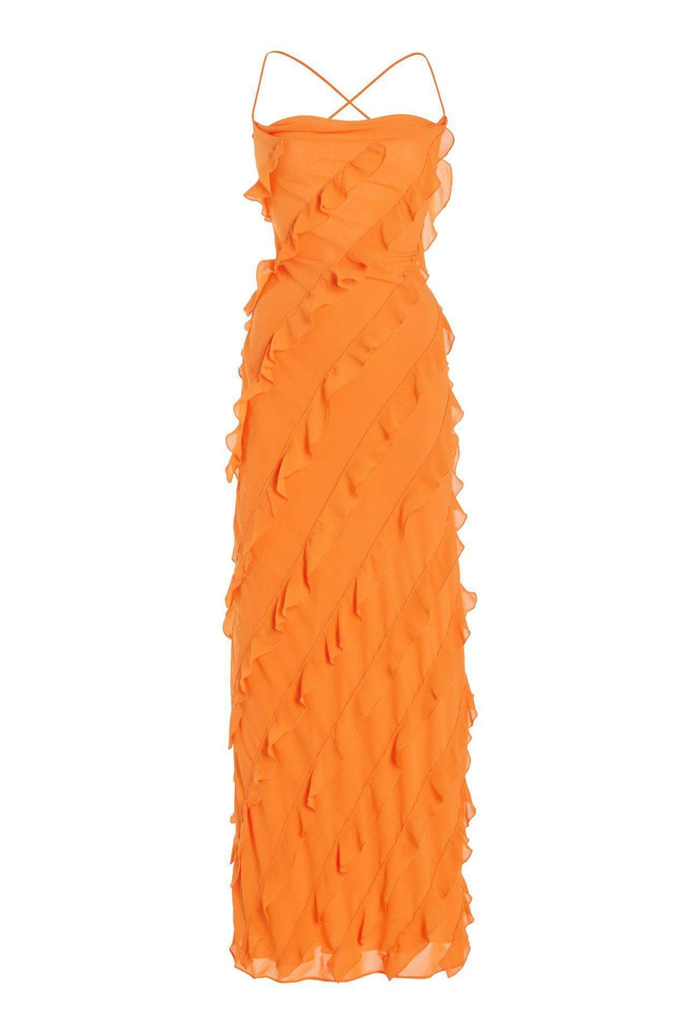 Spaghetti Straps Orange Ruffled Long Dress with Slit