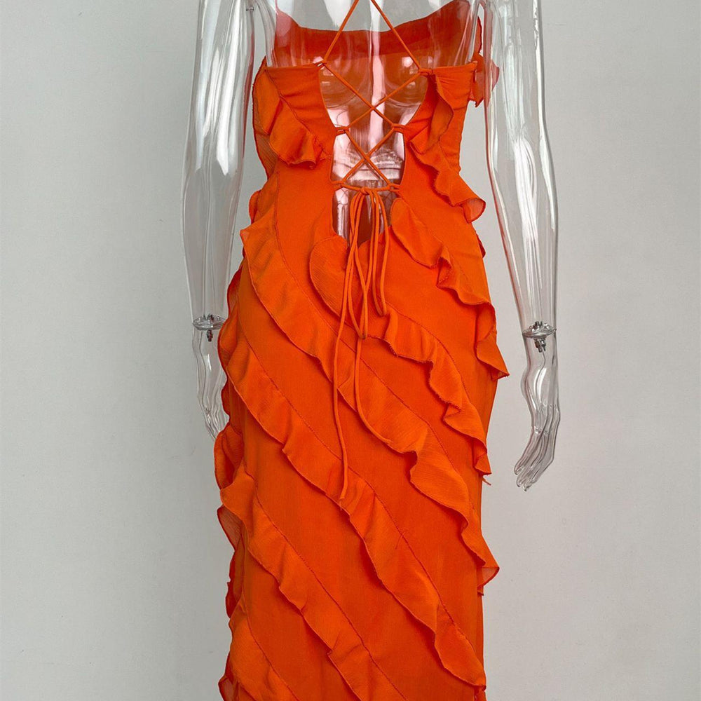 
                      
                        Spaghetti Straps Orange Ruffled Long Dress with Slit
                      
                    
