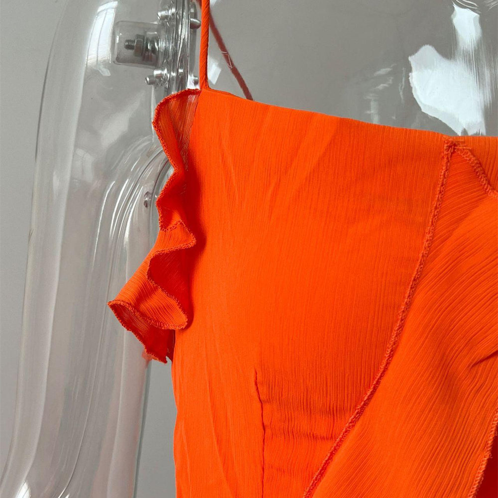 
                      
                        Spaghetti Straps Orange Ruffled Long Dress with Slit
                      
                    