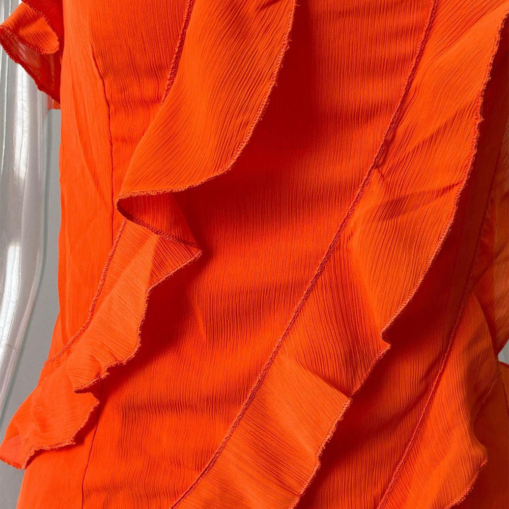 
                      
                        Spaghetti Straps Orange Ruffled Long Dress with Slit
                      
                    