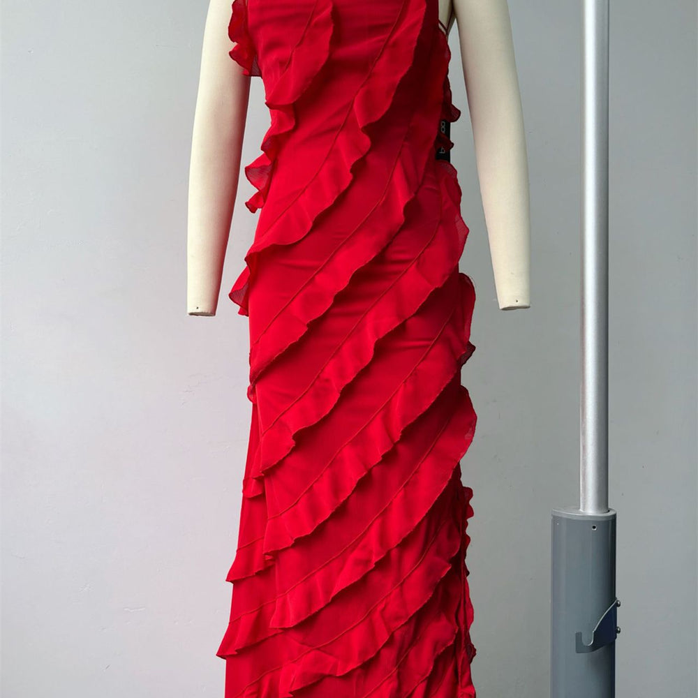 
                      
                        Spaghetti Straps Orange Ruffled Long Dress with Slit
                      
                    