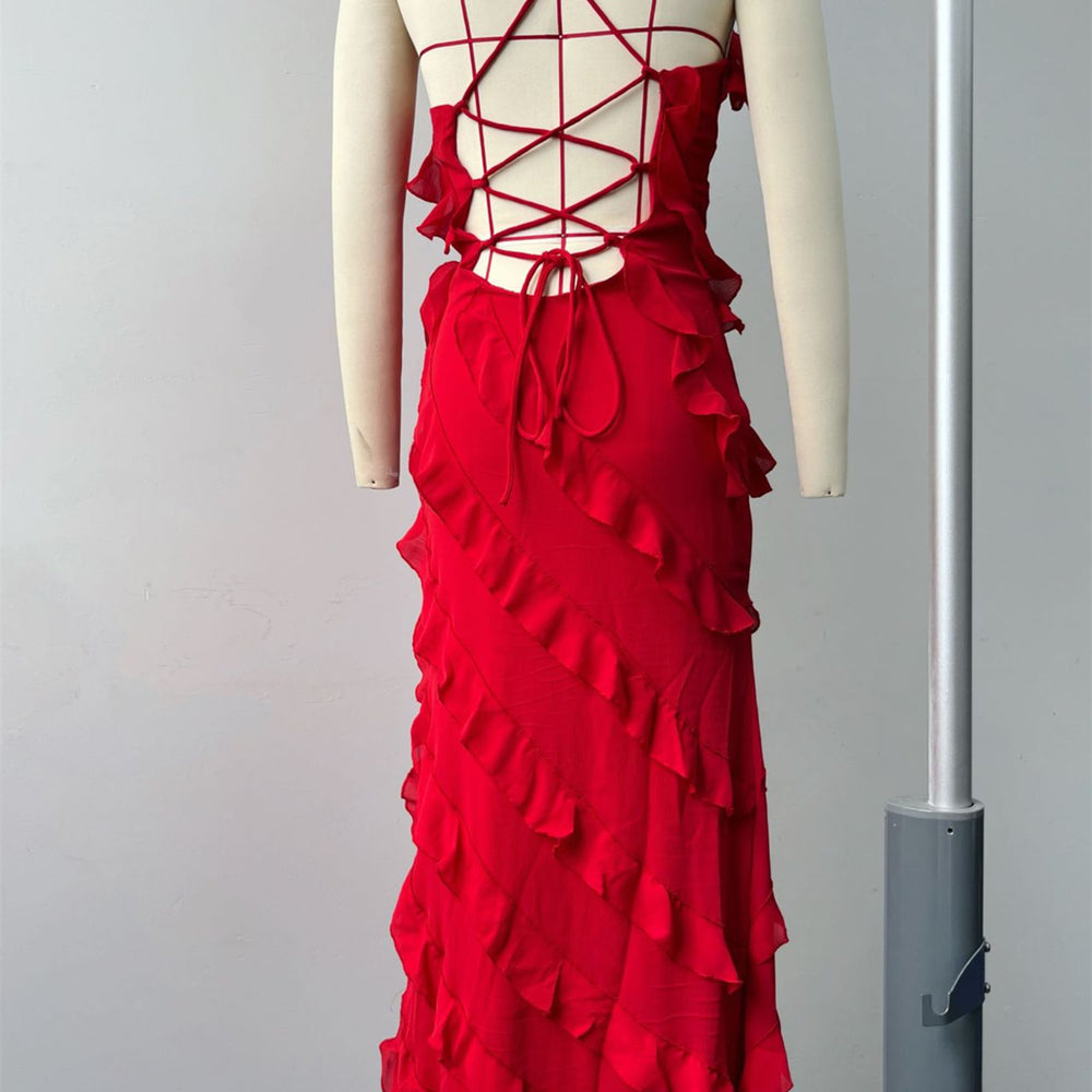 
                      
                        Spaghetti Straps Orange Ruffled Long Dress with Slit
                      
                    