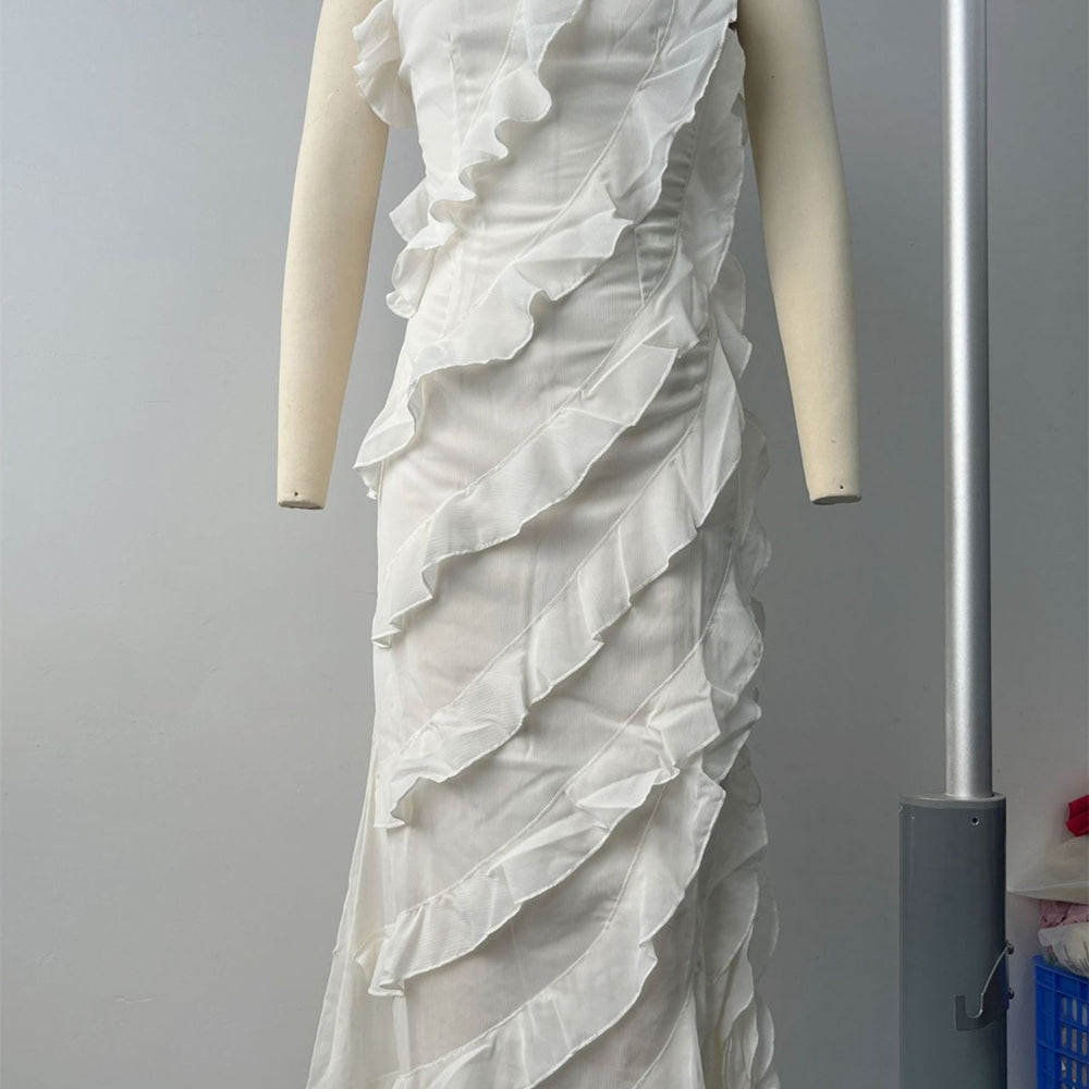 
                      
                        Spaghetti Straps Orange Ruffled Long Dress with Slit
                      
                    