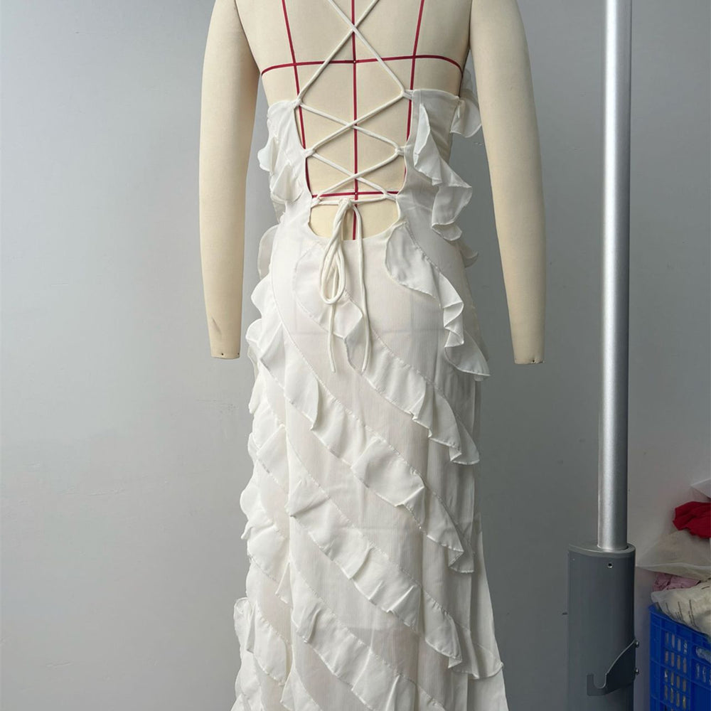 
                      
                        Spaghetti Straps Orange Ruffled Long Dress with Slit
                      
                    