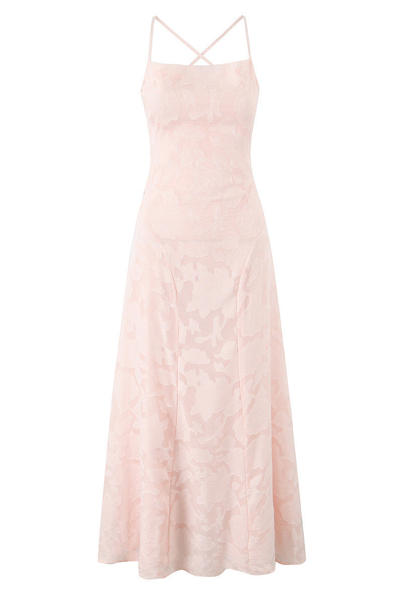 Spaghetti Straps Pink Floral Long Dress