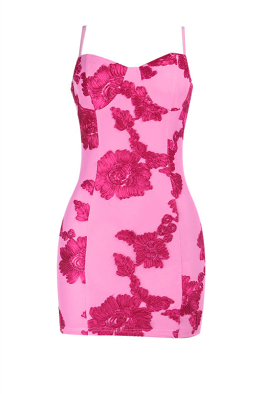 Spaghetti Straps Pink Jacquard Bodycon Short Dress