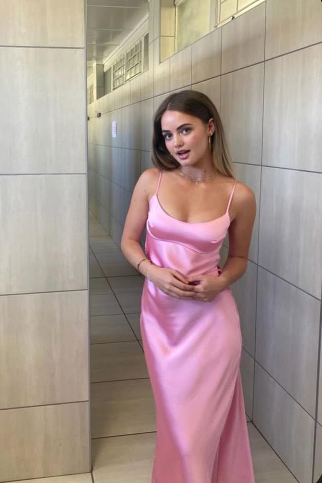 
                      
                        Spaghetti Straps Pink Long Satin Dress with Slit
                      
                    