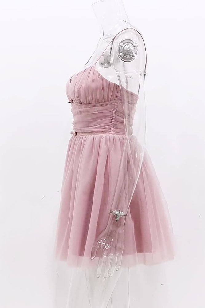 
                      
                        Spaghetti Straps Pink Ruched Tulle Short Dress
                      
                    