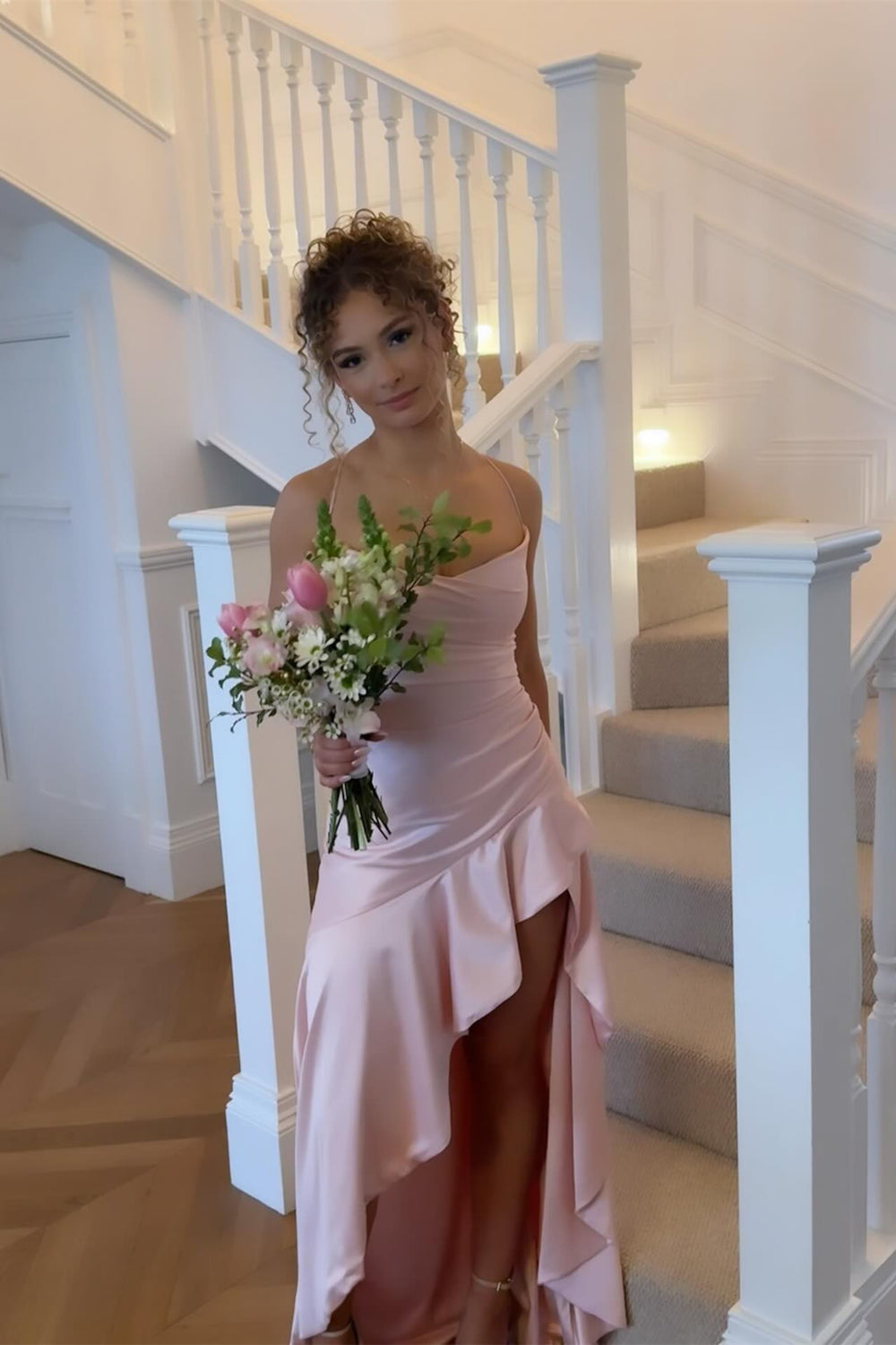 Spaghetti Straps Pink Ruffle Long Dress with Slit
