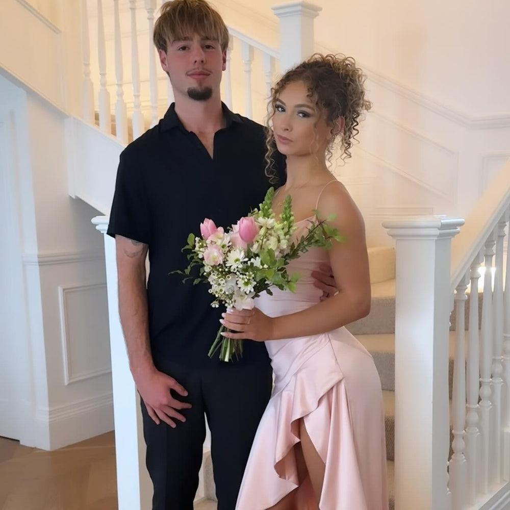 
                      
                        Spaghetti Straps Pink Ruffle Long Dress with Slit
                      
                    