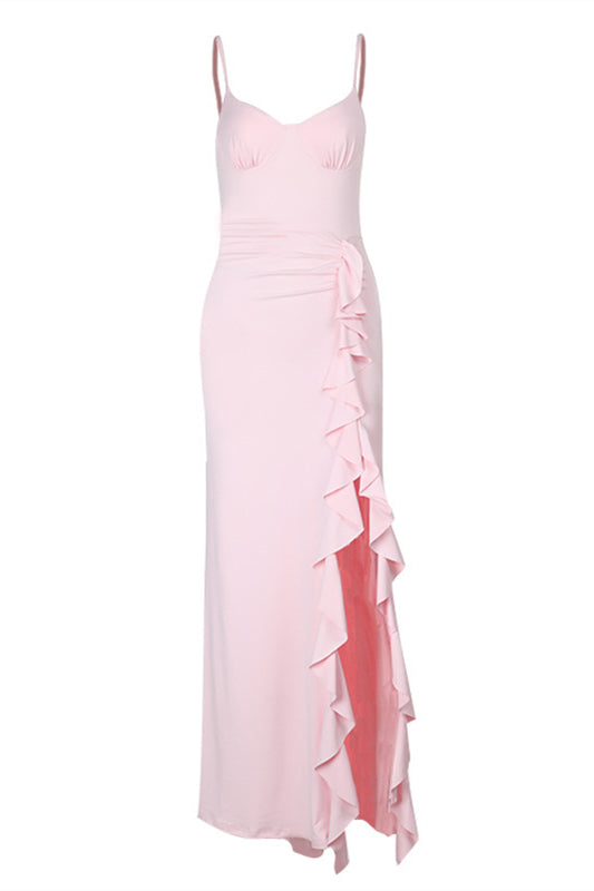 Spaghetti Straps Pink Ruffled Hem Long Dress with Slit