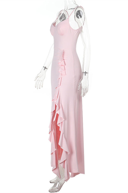 
                      
                        Spaghetti Straps Pink Ruffled Hem Long Dress with Slit
                      
                    
