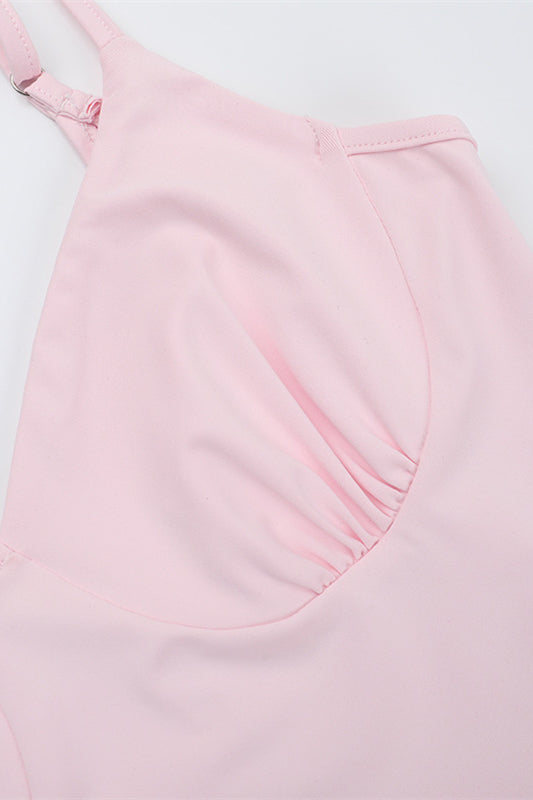
                      
                        Spaghetti Straps Pink Ruffled Hem Long Dress with Slit
                      
                    