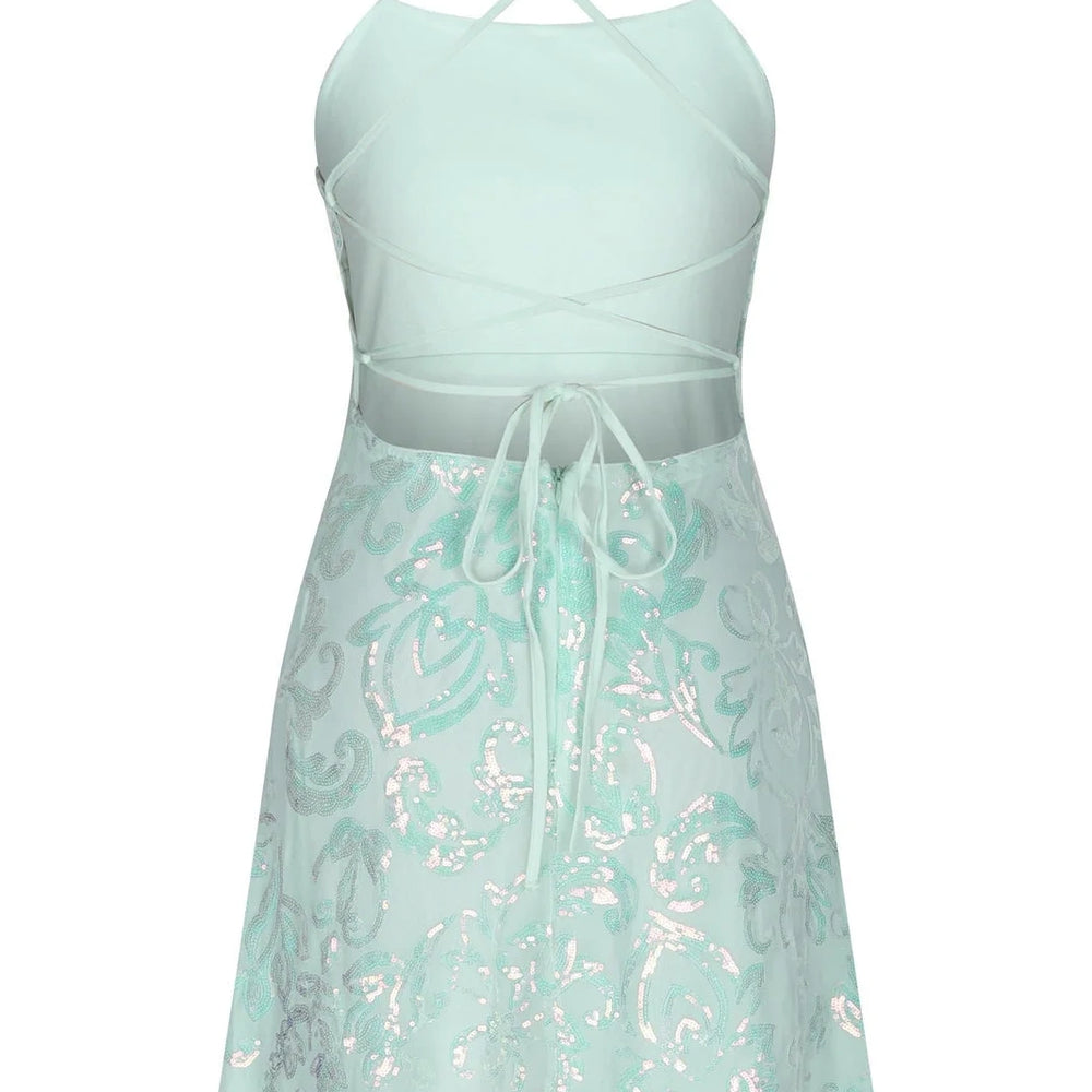 
                      
                        Spaghetti Straps Pink Sequin A-line Short Dress
                      
                    