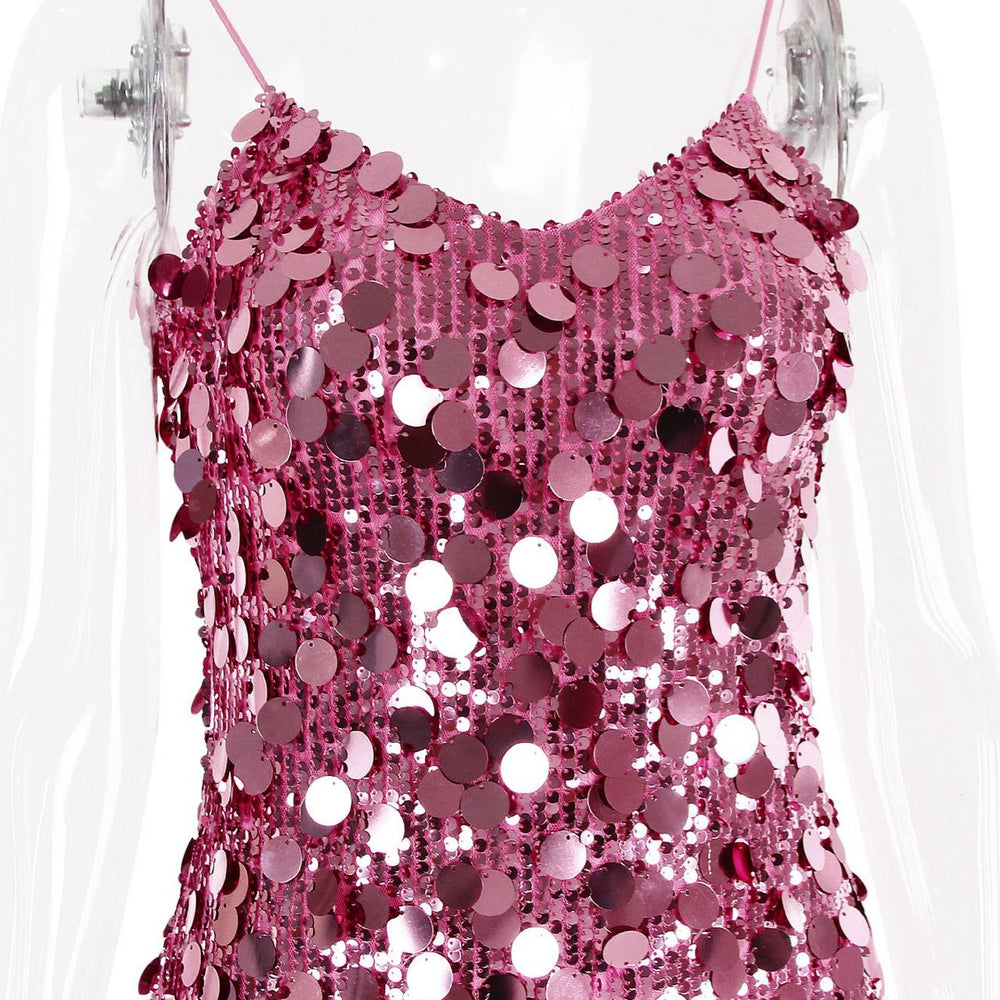 
                      
                        Spaghetti Straps Pink Sequin Bodycon Short Dress
                      
                    
