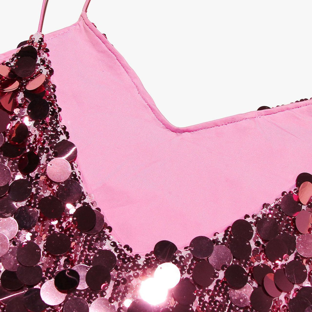 
                      
                        Spaghetti Straps Pink Sequin Bodycon Short Dress
                      
                    