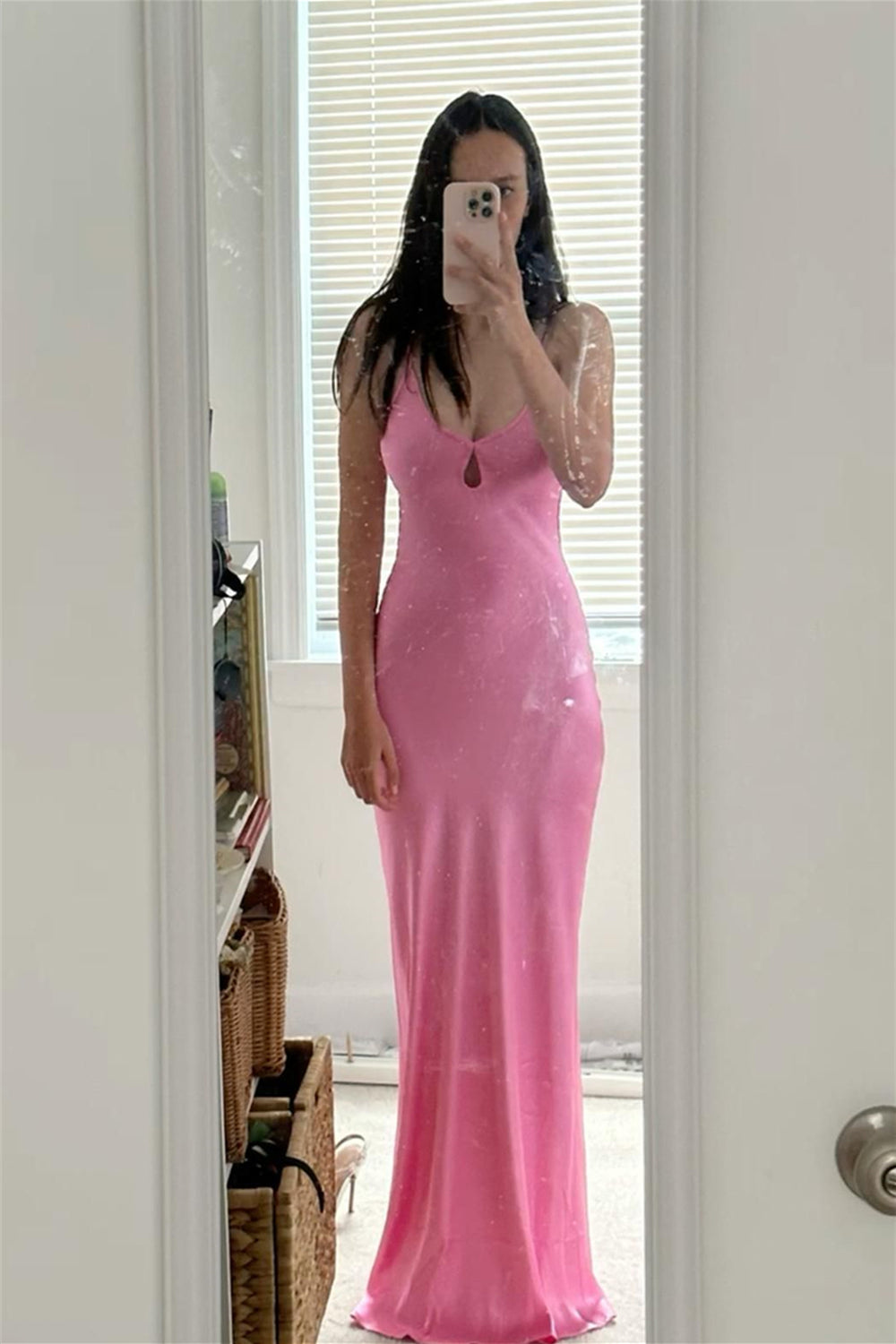 Spaghetti Straps Pink Sheath Long Dress with Keyhole