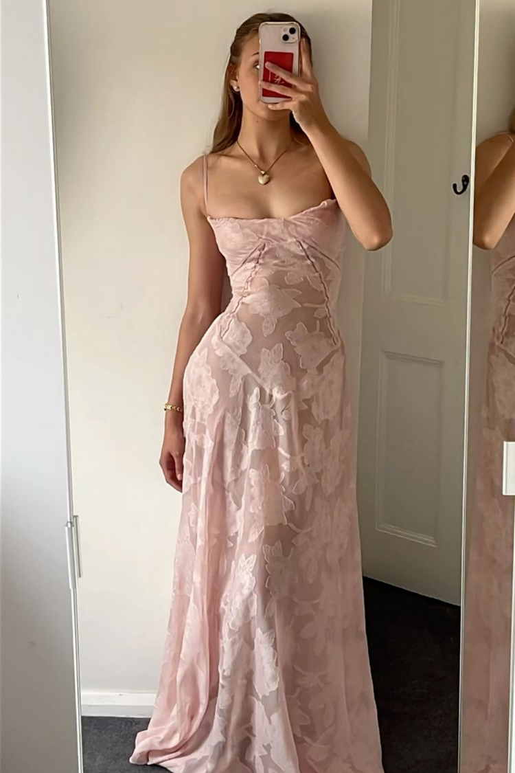 Spaghetti Strap Chiffon Dress with Lace Top Pearl Pink