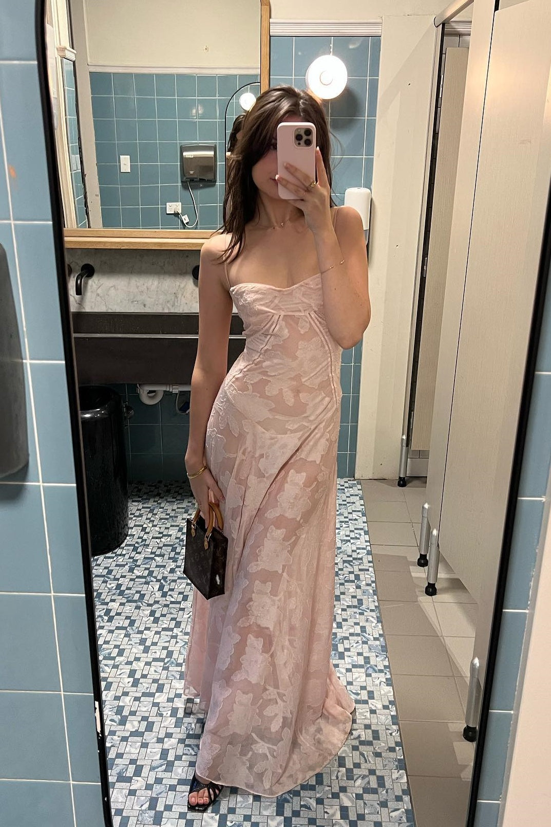 Spaghetti Straps Pink Sheer Lace Long Dress PollyBoutique Spaghetti Straps Pink Sheer Lace Long Dress PollyBoutique