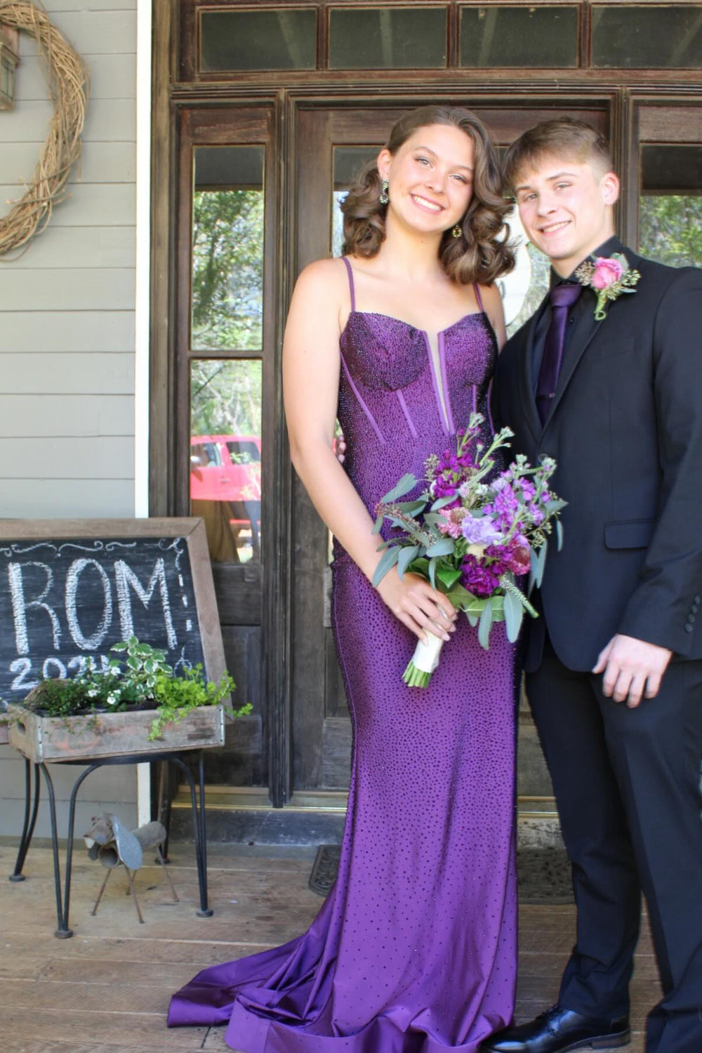 Spaghetti Straps Purple Beaded Mermaid Long Dress