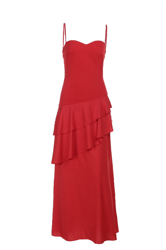 Spaghetti Straps Red Ruffle Tiered Long Dress