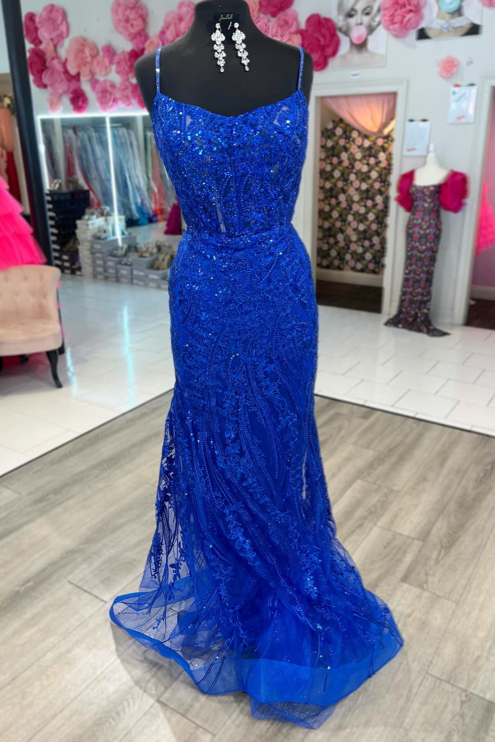 Spaghetti Straps Royal Blue Appliques Long Dress