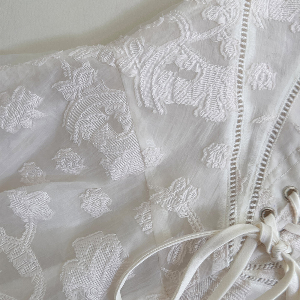 
                      
                        Spaghetti Straps White Jacquard Long Dress
                      
                    