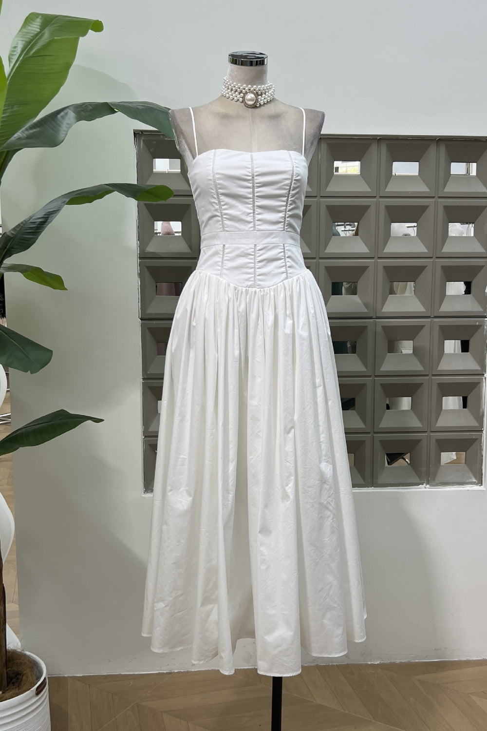 Spaghetti Straps White Ruched A-line Long Dress