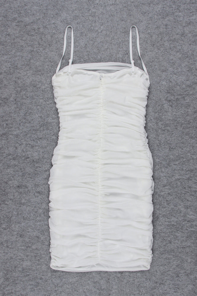 
                      
                        Spaghetti Straps White Ruched Bodycon Short Dress
                      
                    