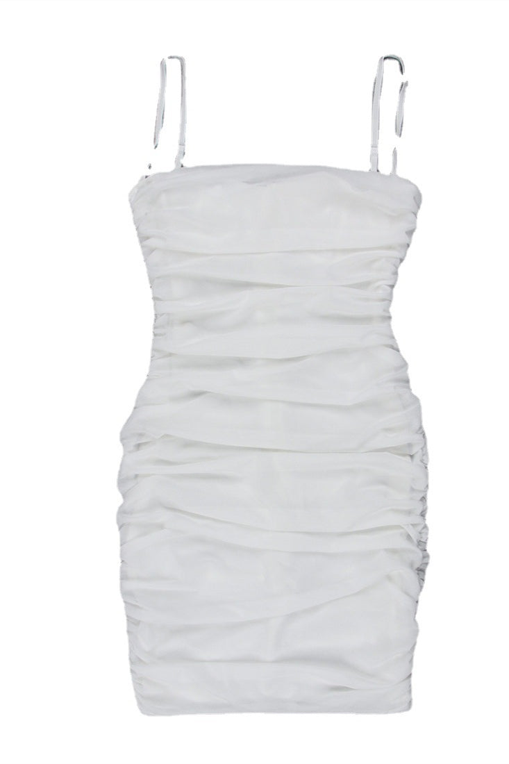 Spaghetti Straps White Ruched Bodycon Short Dress