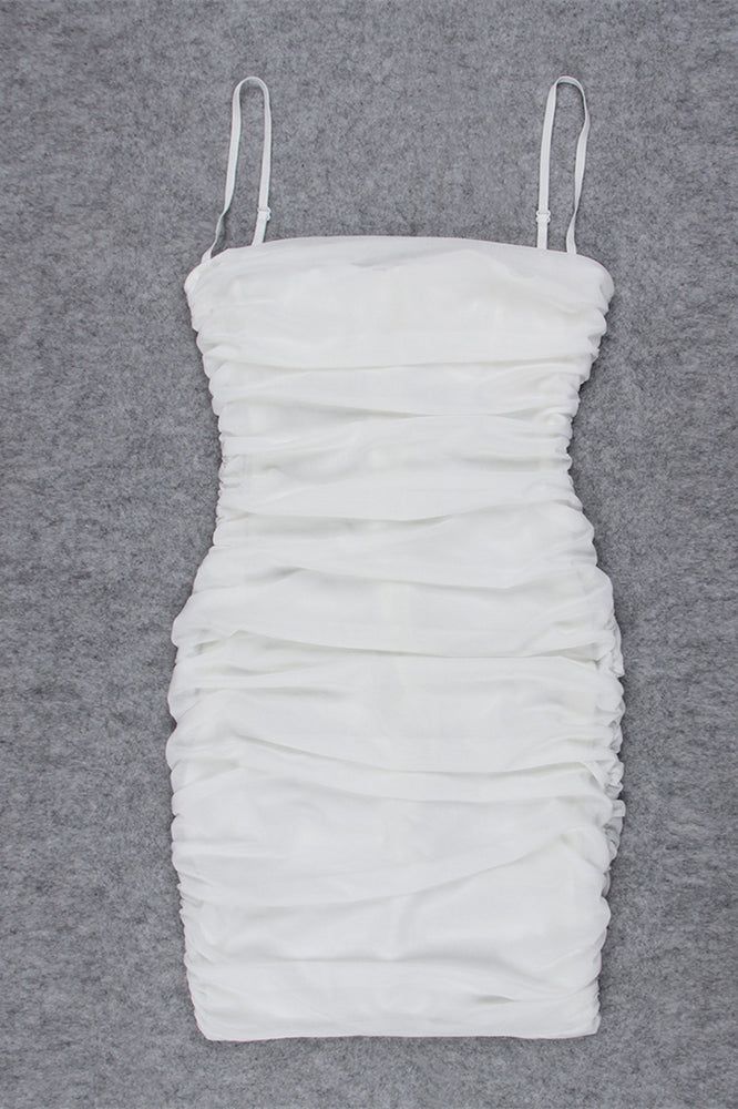 
                      
                        Spaghetti Straps White Ruched Bodycon Short Dress
                      
                    