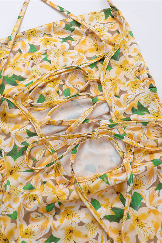 
                      
                        Spaghetti Straps Yellow Floral Print Short Dress
                      
                    