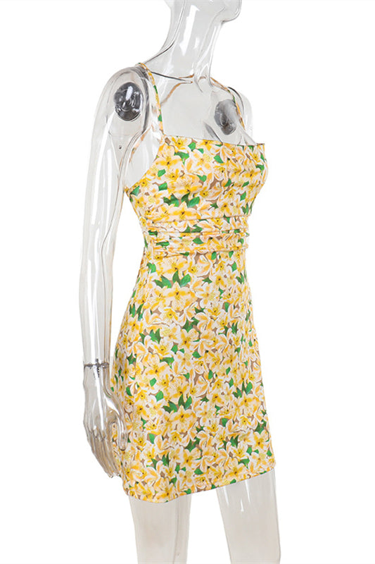 
                      
                        Spaghetti Straps Yellow Floral Print Short Dress
                      
                    