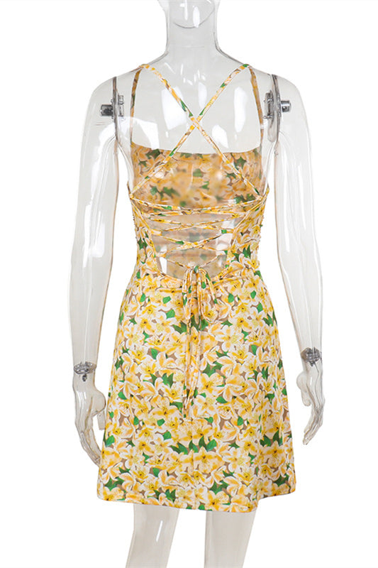 
                      
                        Spaghetti Straps Yellow Floral Print Short Dress
                      
                    