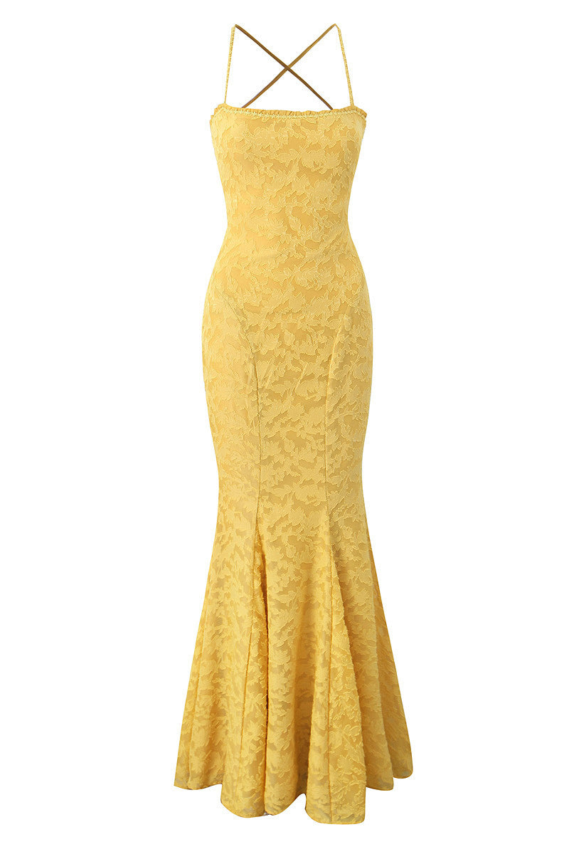 Spaghetti Straps Yellow Lace Mermaid Maxi Dress