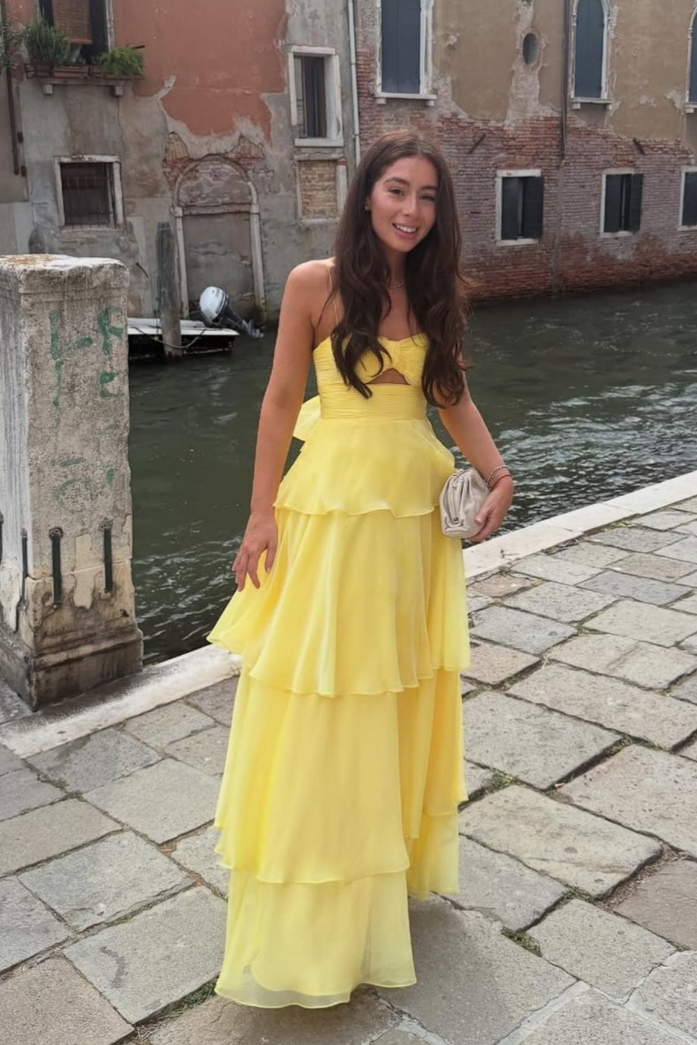 Spaghetti Straps Yellow Pleated Tiered Long Dress