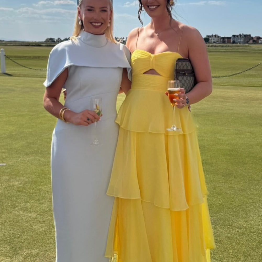 
                      
                        Spaghetti Straps Yellow Pleated Tiered Long Dress
                      
                    