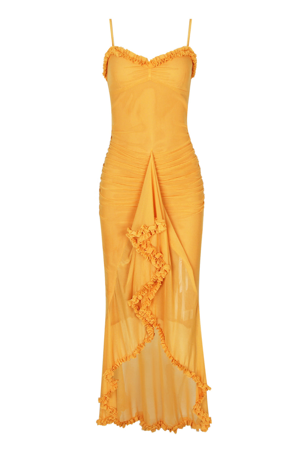 Spaghetti Straps Yellow Ruched Irregular Long Dress