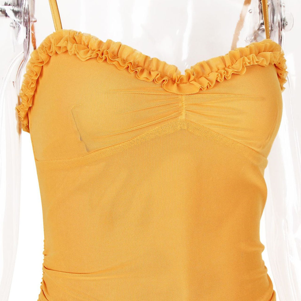 
                      
                        Spaghetti Straps Yellow Ruched Irregular Long Dress
                      
                    