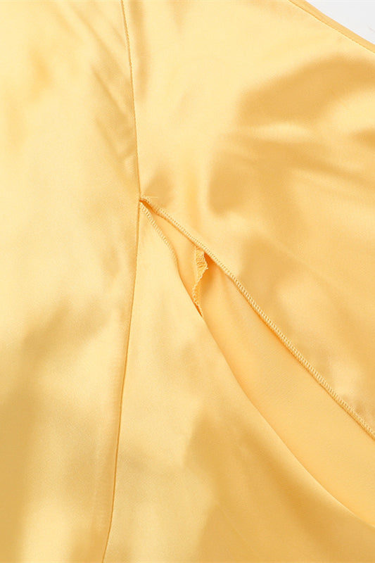 
                      
                        Spaghetti Straps Yellow Ruched Long Dress with Slit
                      
                    