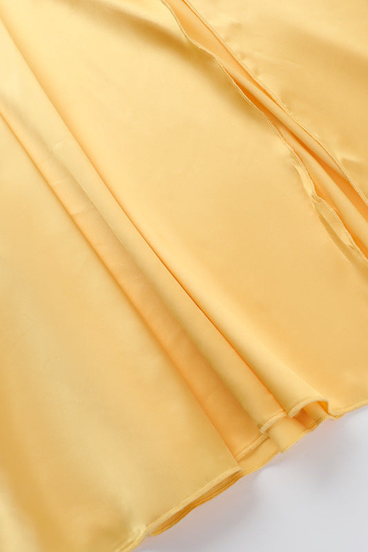 
                      
                        Spaghetti Straps Yellow Ruched Long Dress with Slit
                      
                    