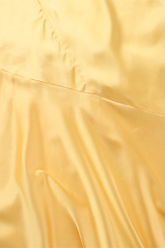 
                      
                        Spaghetti Straps Yellow Ruched Long Dress with Slit
                      
                    