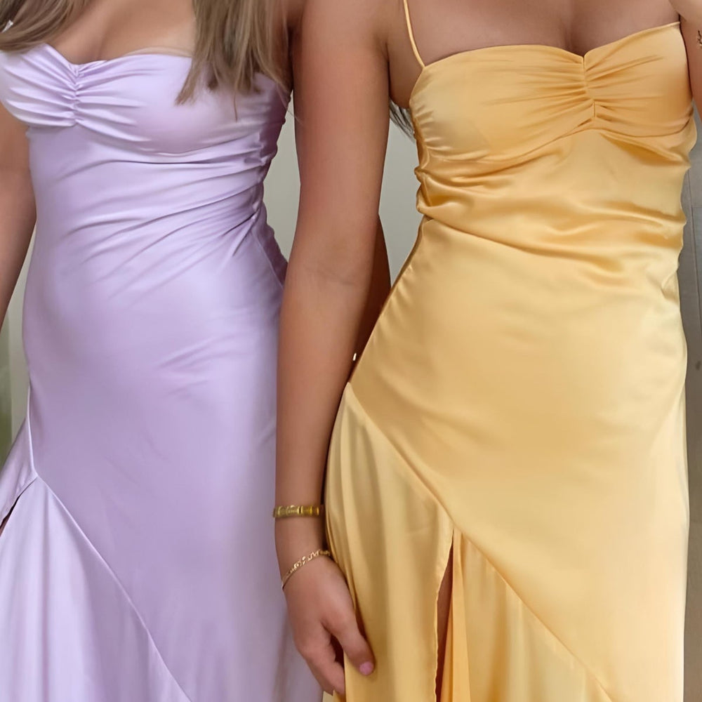 
                      
                        Spaghetti Straps Yellow Ruched Long Dress with Slit
                      
                    