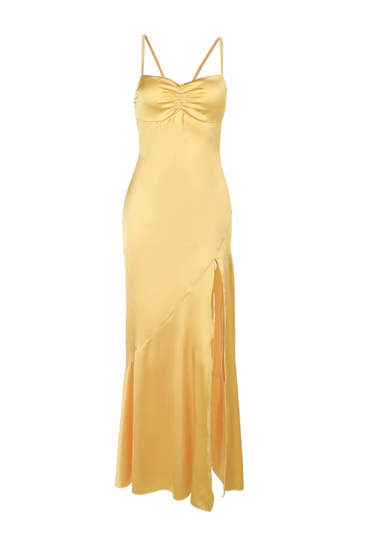 Spaghetti Straps Yellow Ruched Long Dress with Slit