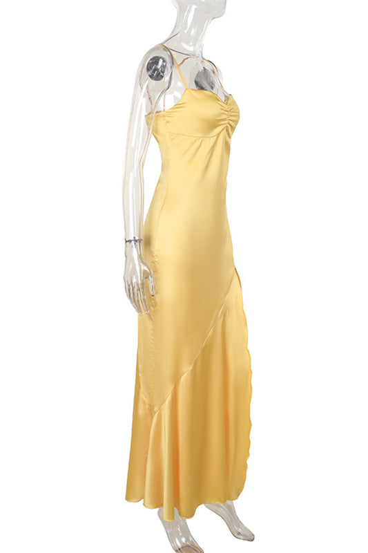 
                      
                        Spaghetti Straps Yellow Ruched Long Dress with Slit
                      
                    