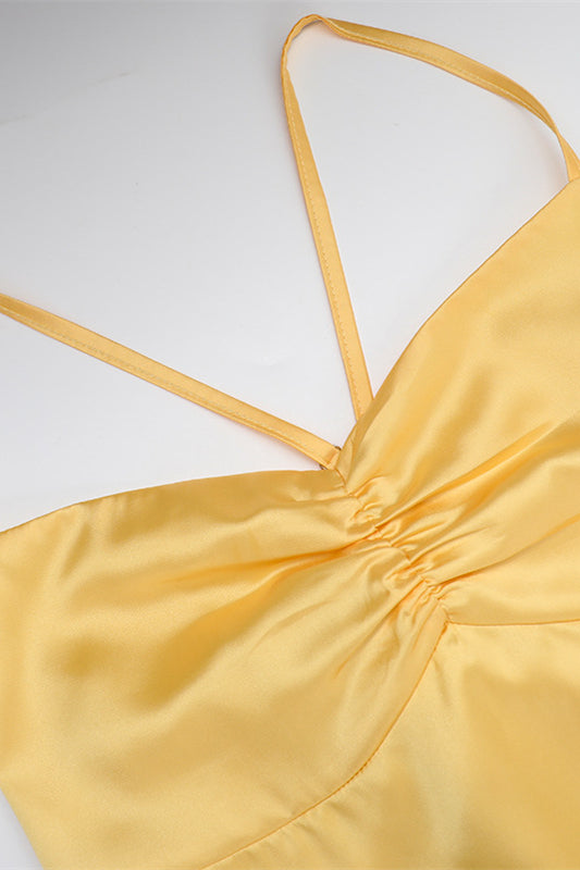 
                      
                        Spaghetti Straps Yellow Ruched Long Dress with Slit
                      
                    