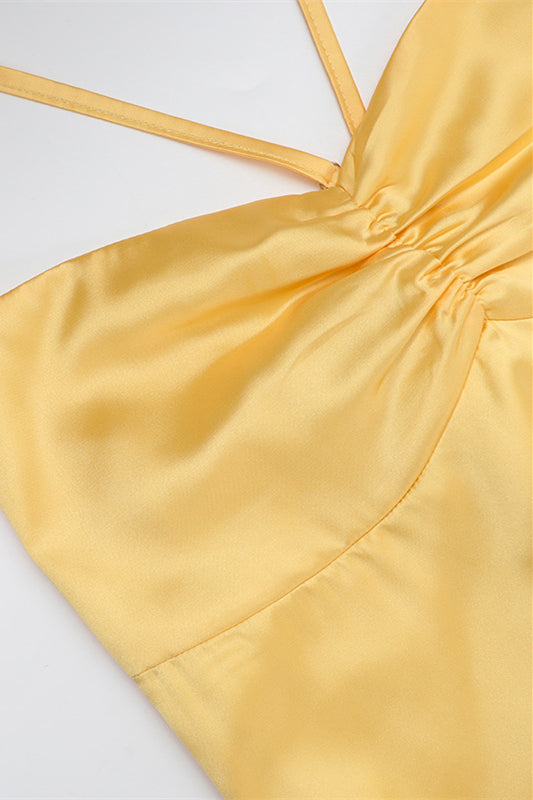 
                      
                        Spaghetti Straps Yellow Ruched Long Dress with Slit
                      
                    