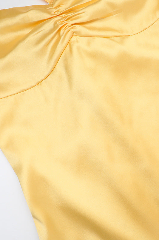 
                      
                        Spaghetti Straps Yellow Ruched Long Dress with Slit
                      
                    